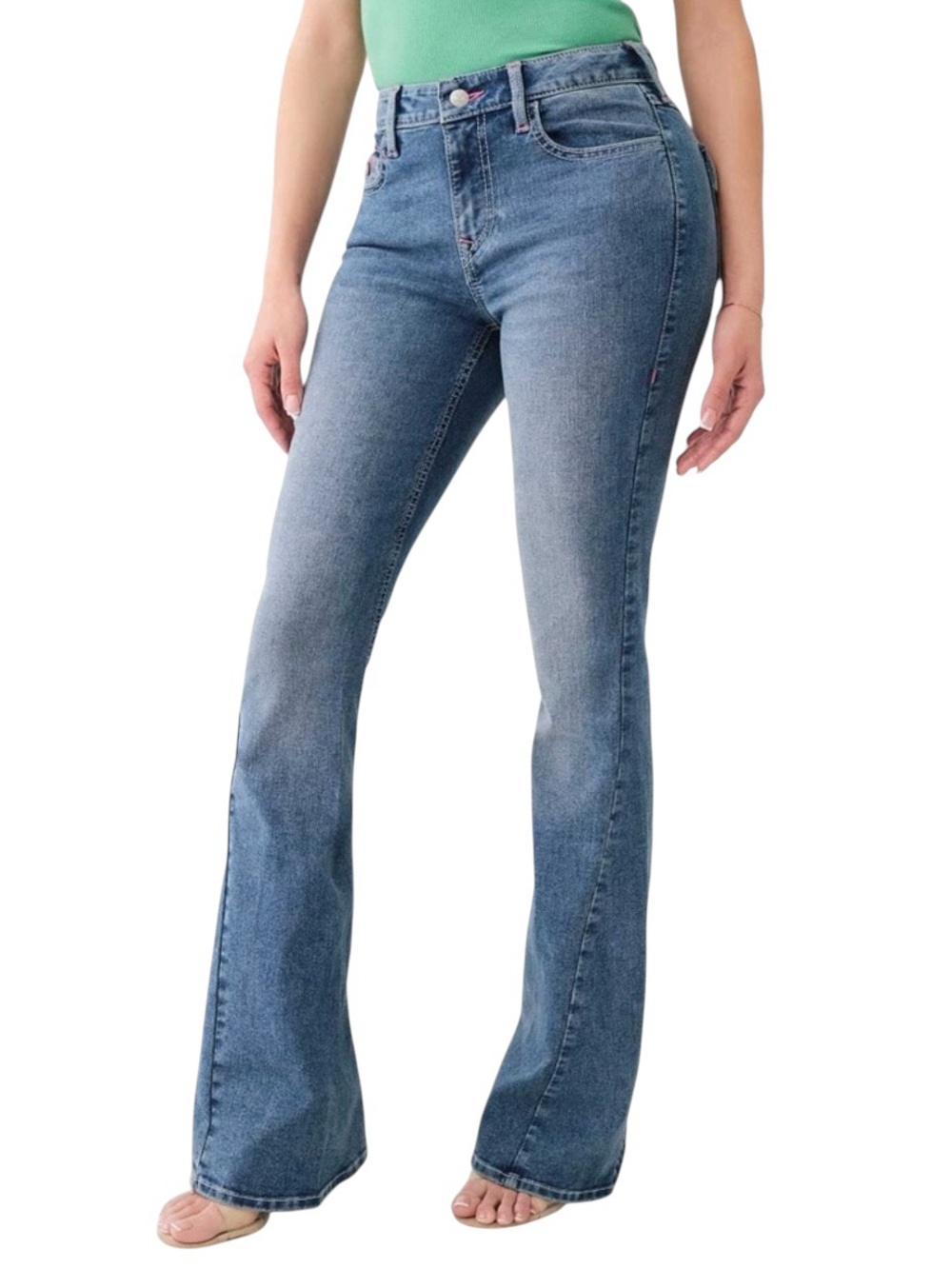 True Religion Joey Mid Rise Flare Jeans with Pink Stitching